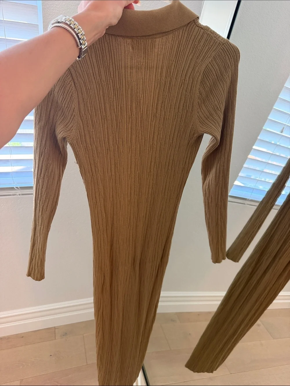 Long Button-Front Ribbed Knit Dress in Brown